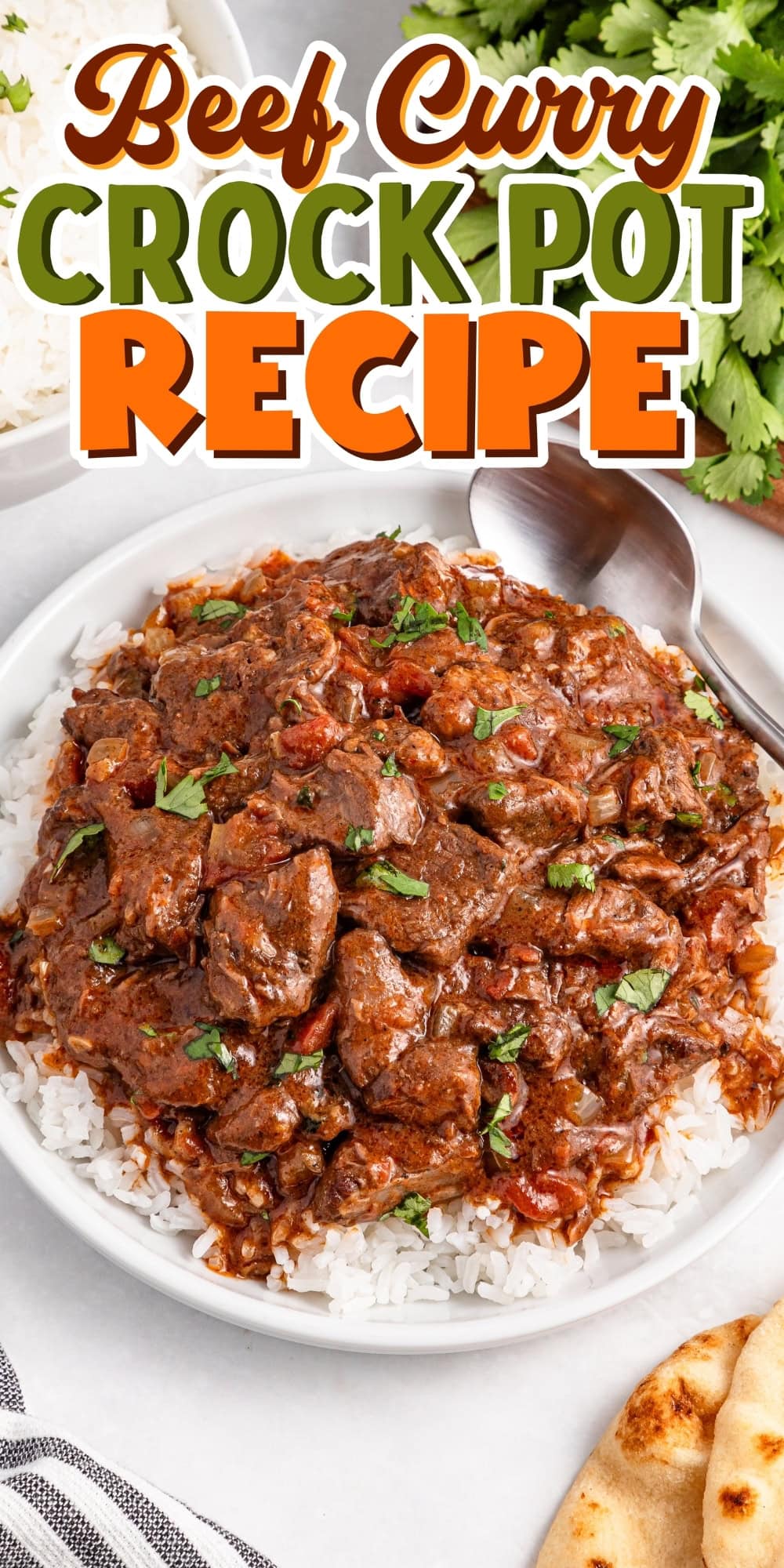 Beef curry served over rice in a white bowl, with a spoon and naan nearby.