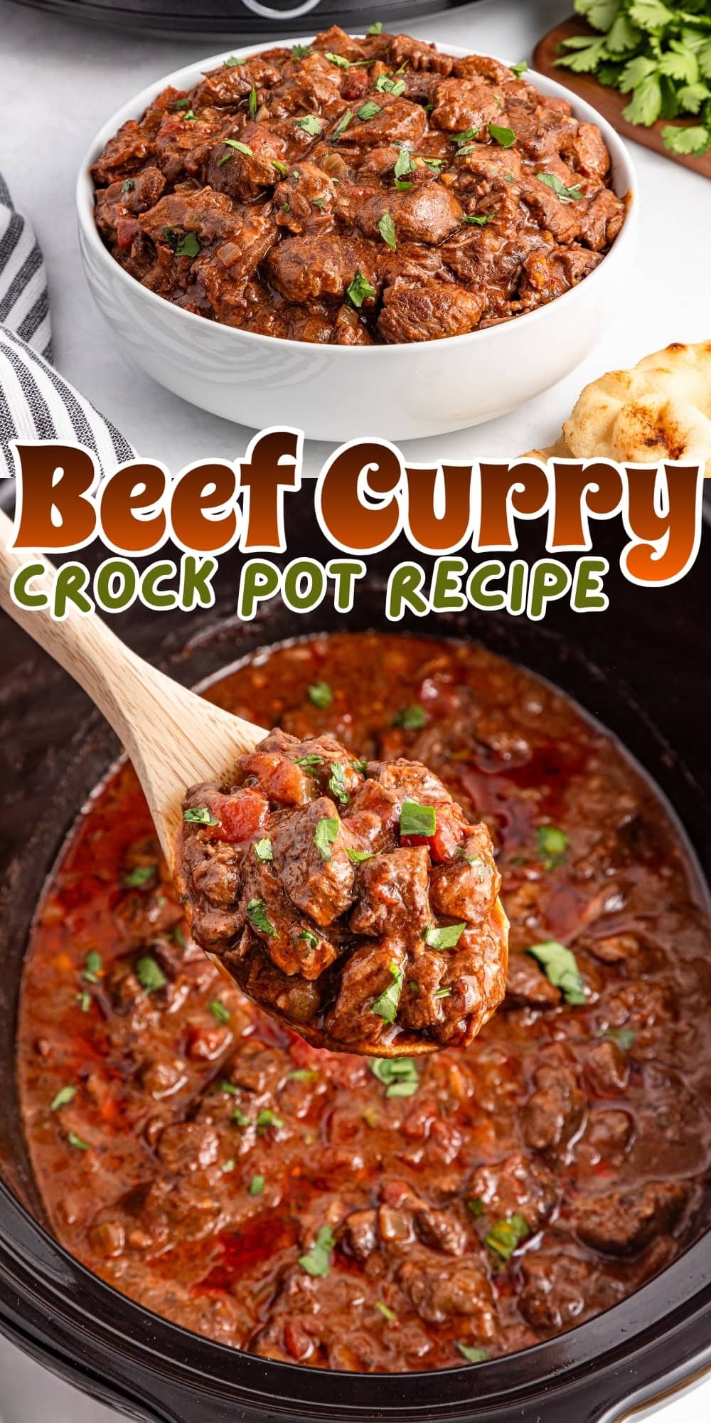 Bowl and crock pot of beef curry, garnished with herbs, wooden spoon scooping.