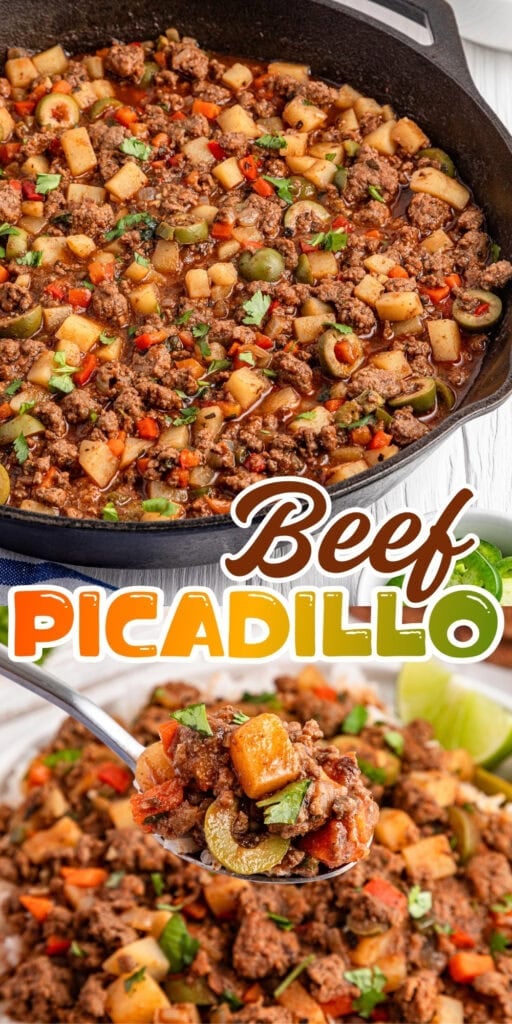 Beef picadillo with potatoes and veggies in a skillet and on a spoon.