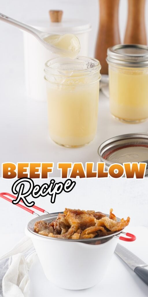 Jars of beef tallow and a strainer with cooked beef pieces.