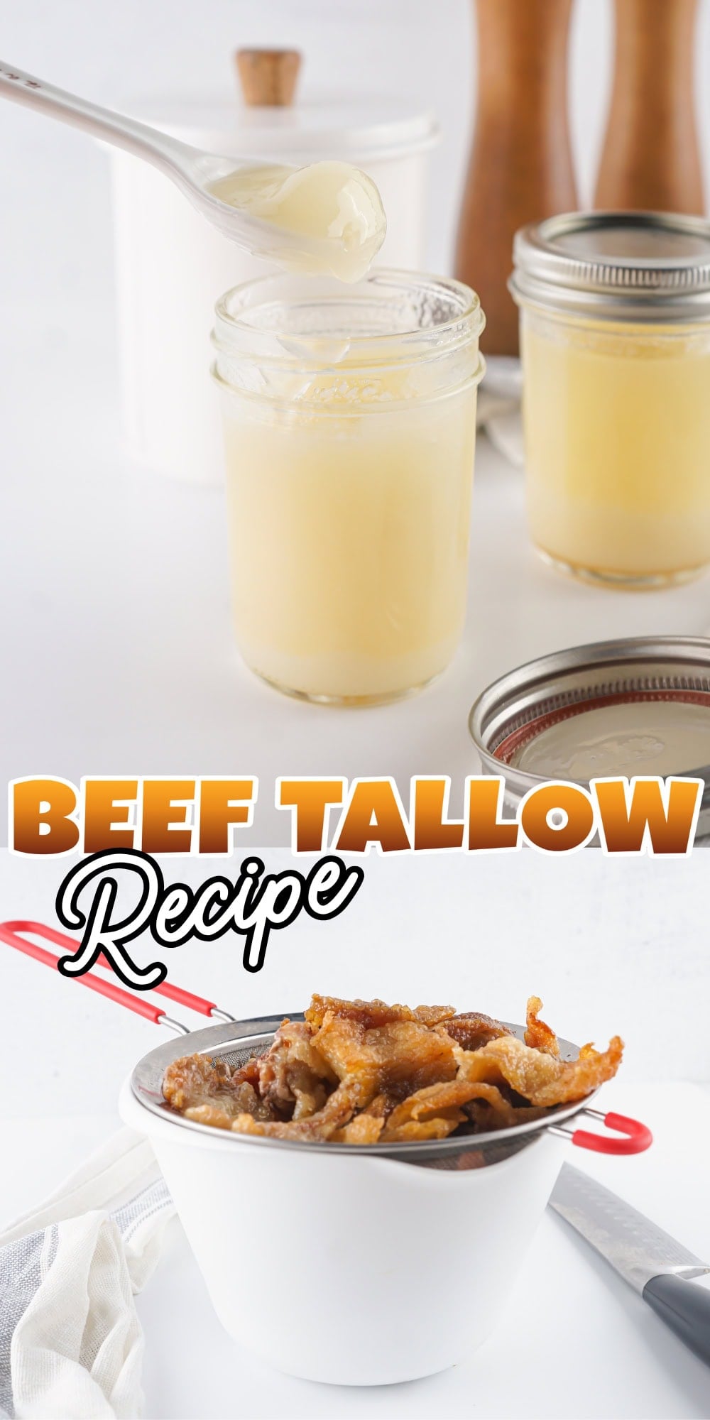 Jars of beef tallow and a strainer with cooked beef pieces.