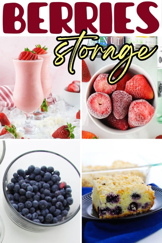 Berry drinks, frozen strawberries, fresh blueberries, and berry cake.