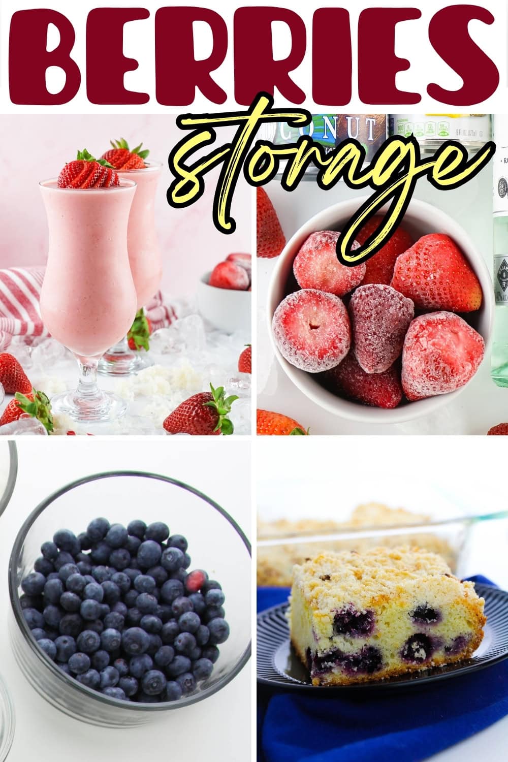 Berry drinks, frozen strawberries, fresh blueberries, and berry cake.