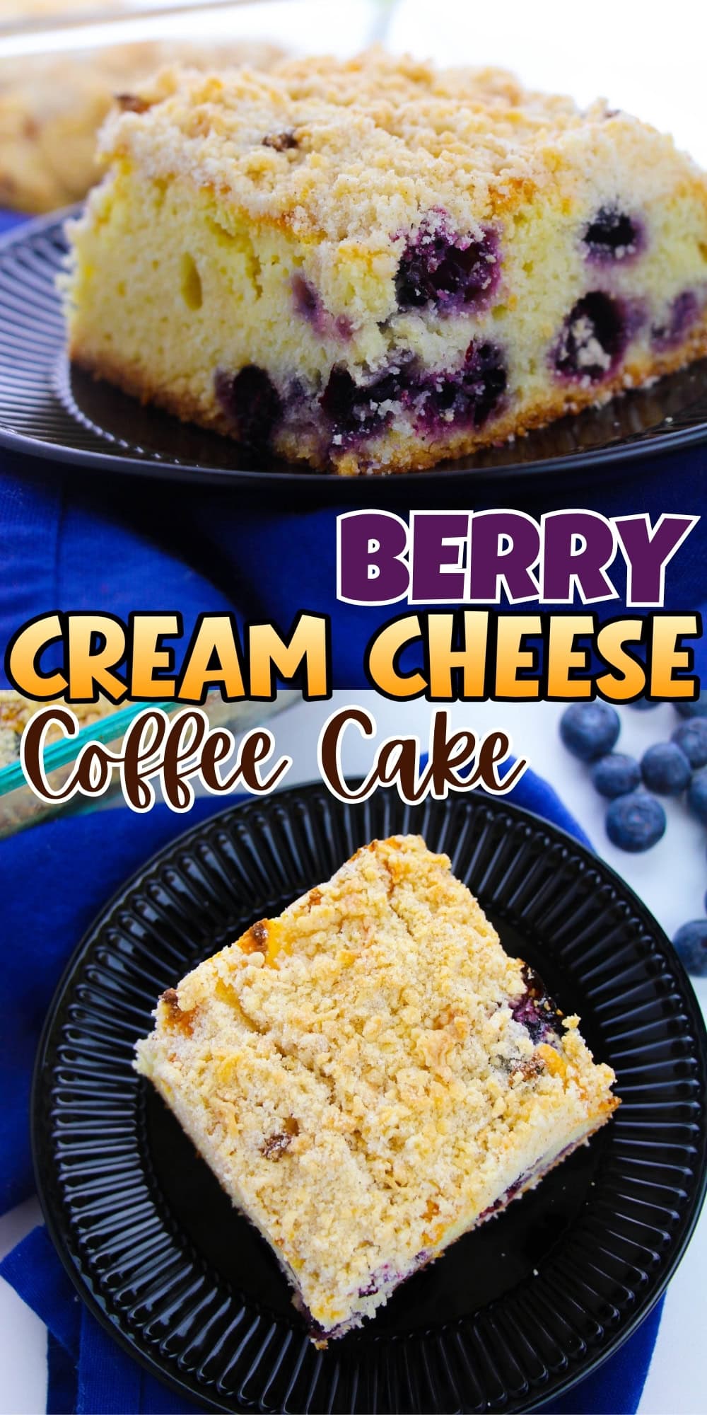 Slice of berry cream cheese coffee cake on a black plate with blueberries.