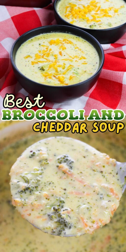 Two bowls of broccoli cheddar soup topped with shredded cheese on a red cloth.