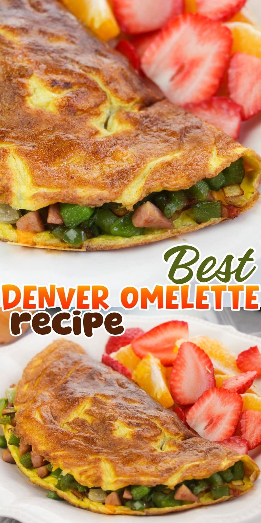 Golden Denver omelette with diced veggies, served with sliced strawberries and oranges.