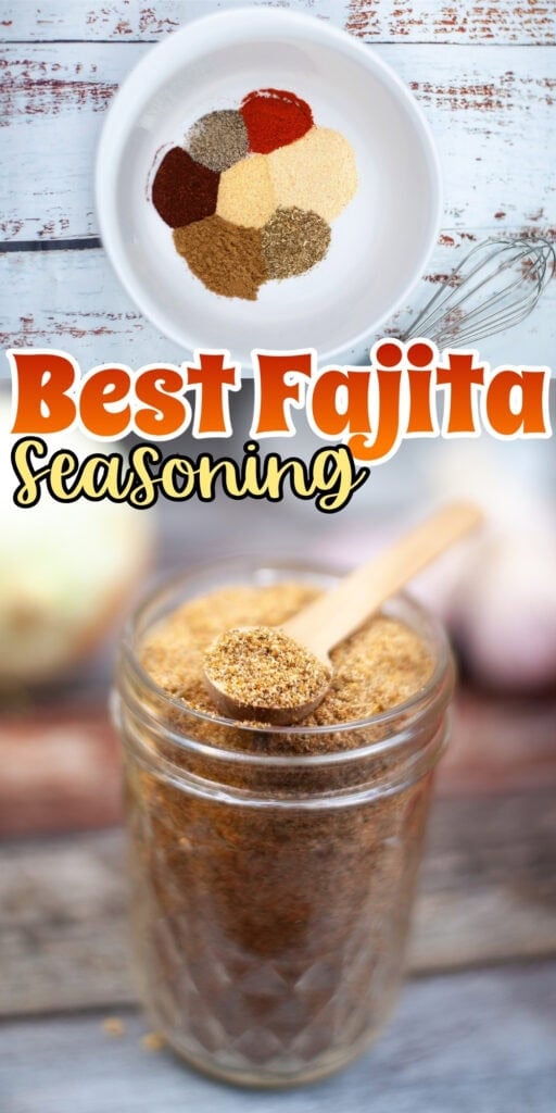 A jar of fajita seasoning with spices shown in a bowl above the jar.