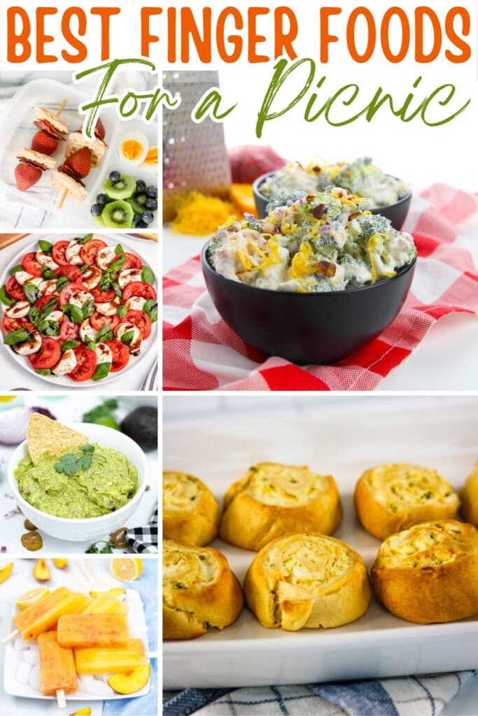 Picnic finger foods like skewers, dips, pinwheels, and popsicles.