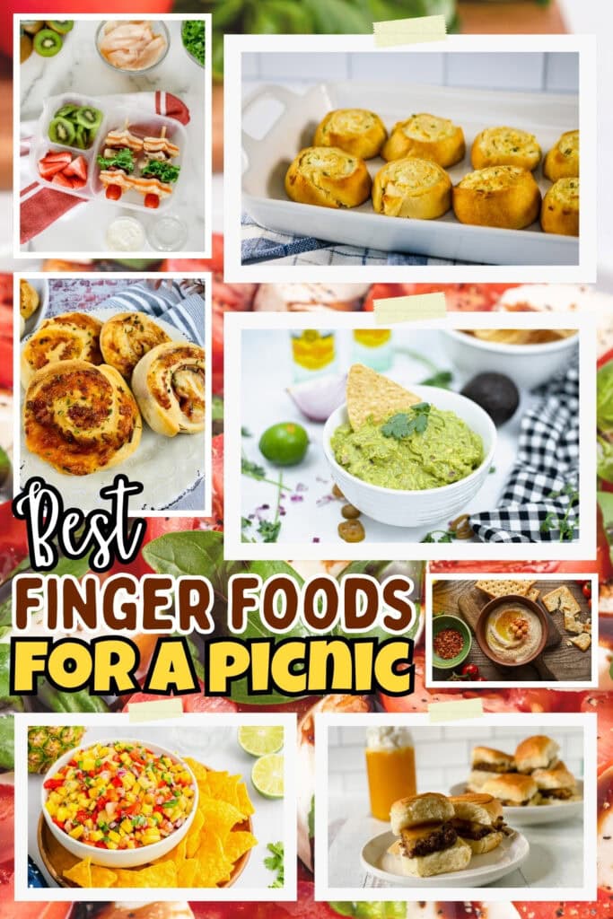 Various picnic finger foods like sliders, dips, buns, and guacamole.