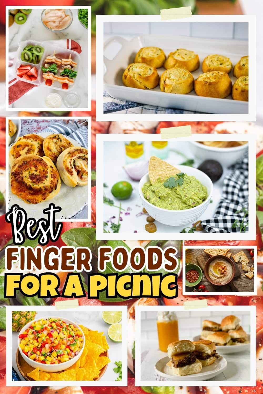 Various picnic finger foods like sliders, dips, buns, and guacamole.