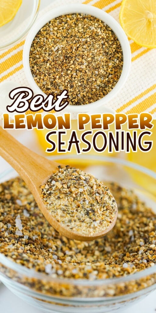 Wooden spoon with lemon pepper seasoning above a bowl, with lemon slices nearby.