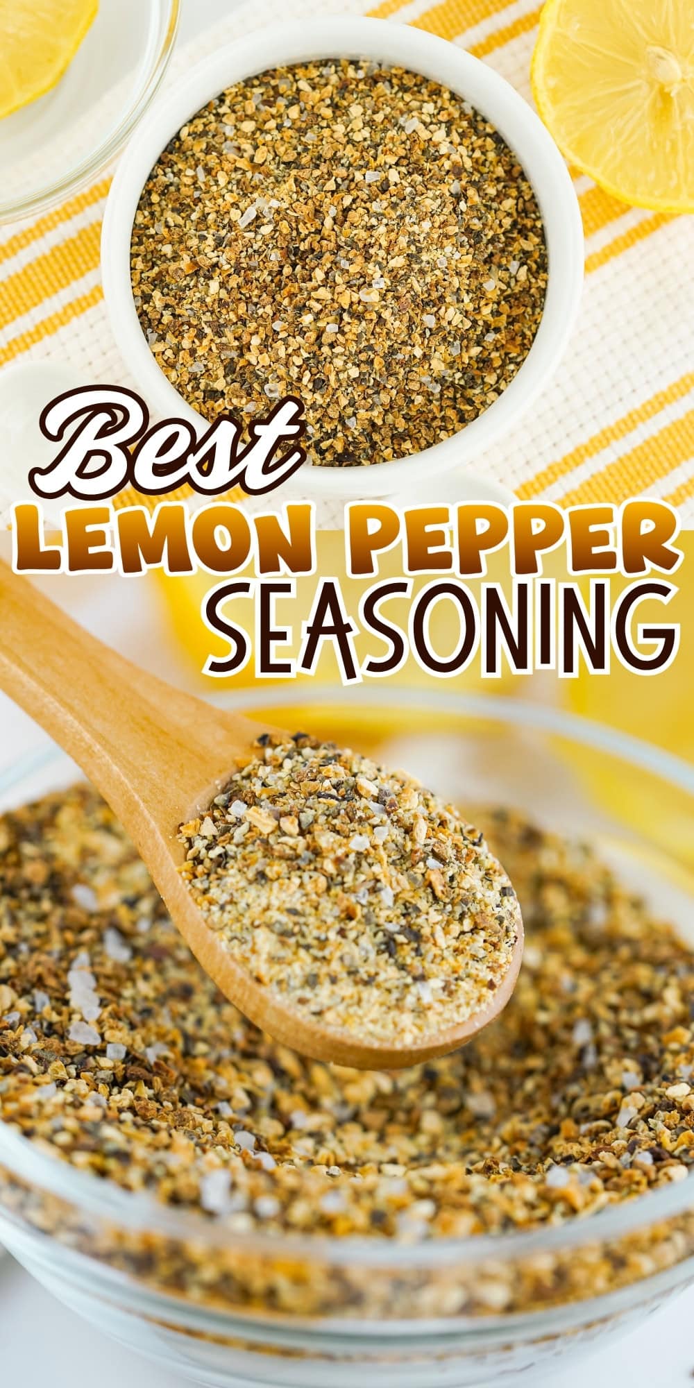 Wooden spoon with lemon pepper seasoning above a bowl, with lemon slices nearby.