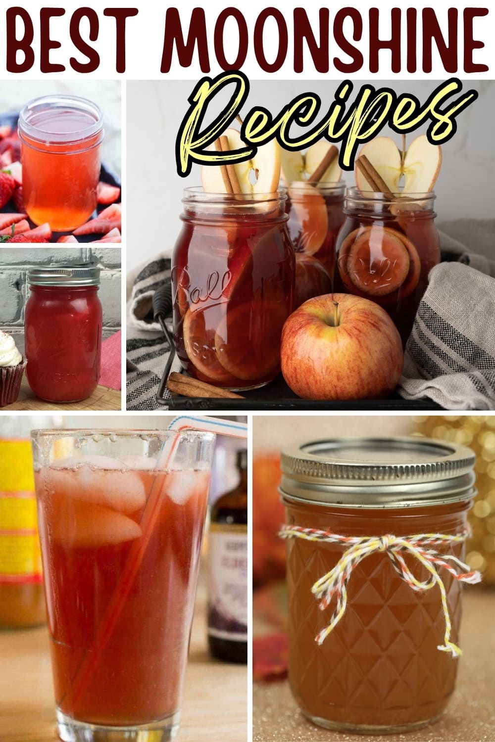 Mason jars with red and brown moonshine drinks and apples.