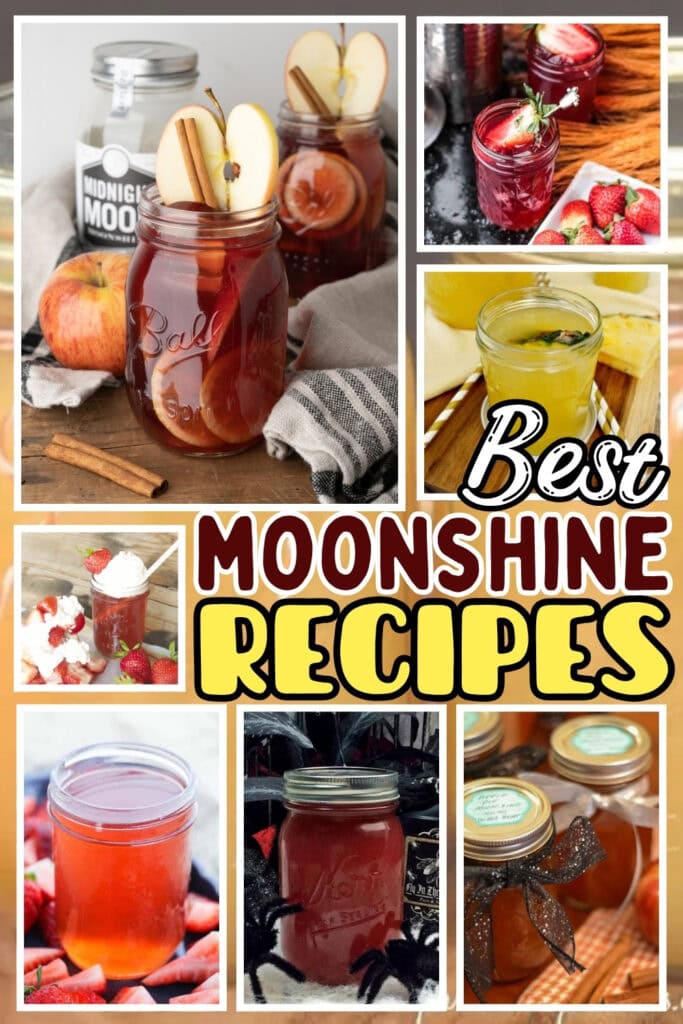 Jars filled with colorful moonshine drinks and fruit garnishes.
