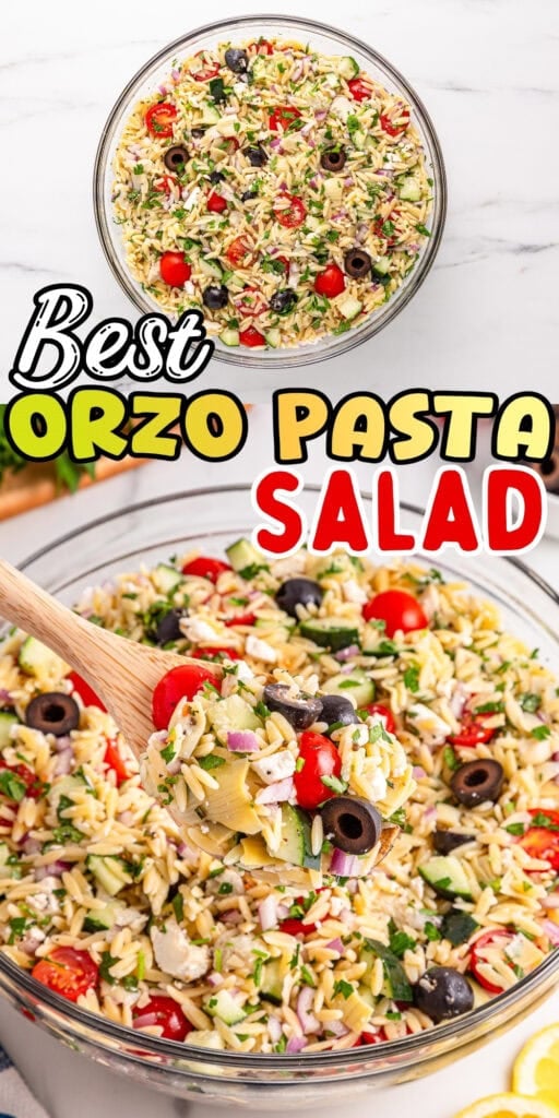 Orzo pasta salad with olives, cherry tomatoes, and veggies in a glass bowl.