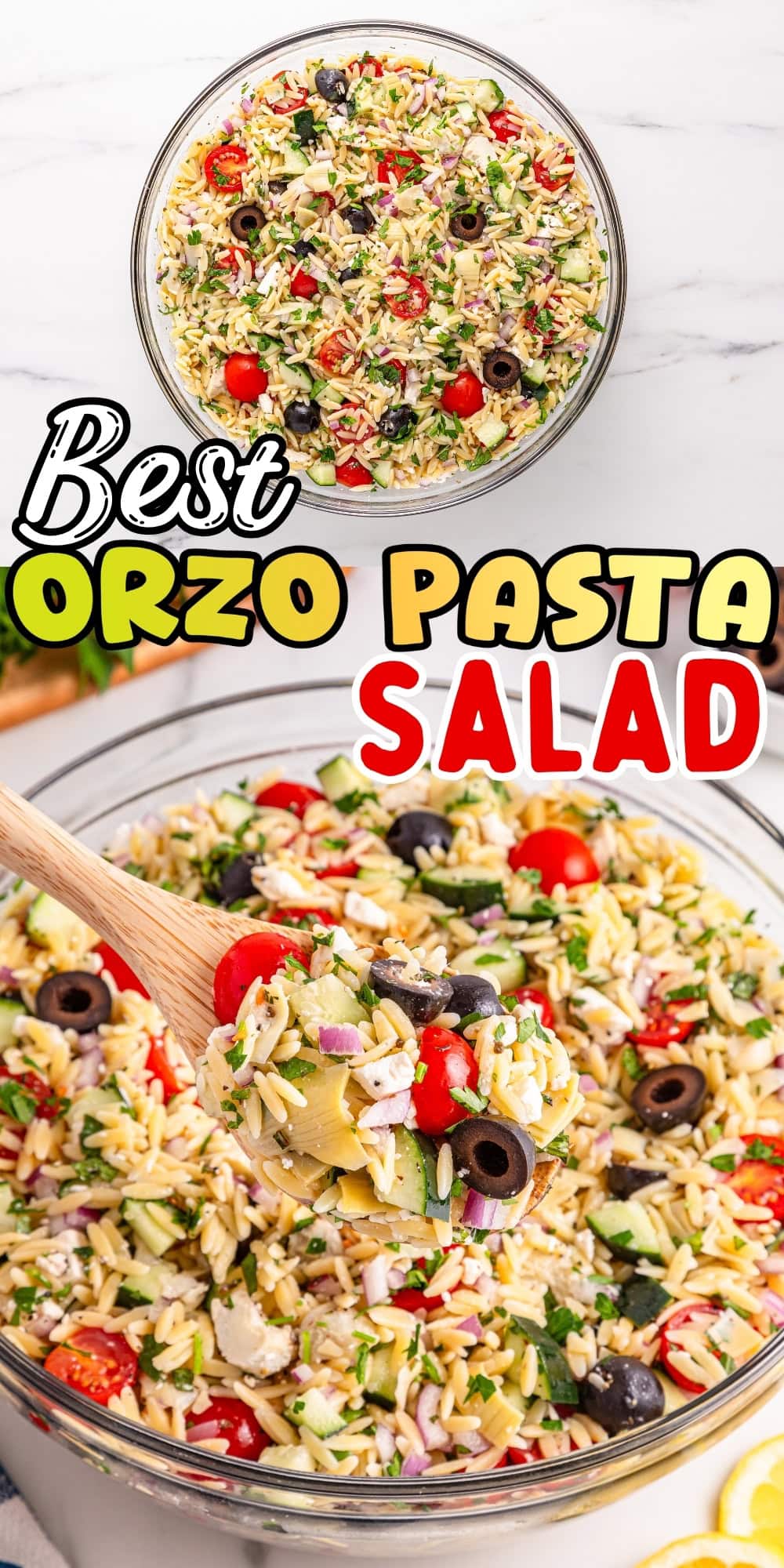 Orzo pasta salad with olives, cherry tomatoes, and veggies in a glass bowl.