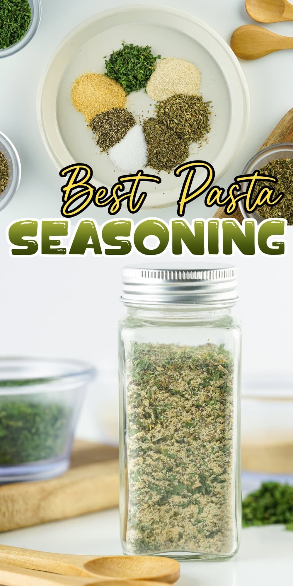 A jar of mixed pasta seasoning with herbs and spices in bowls.