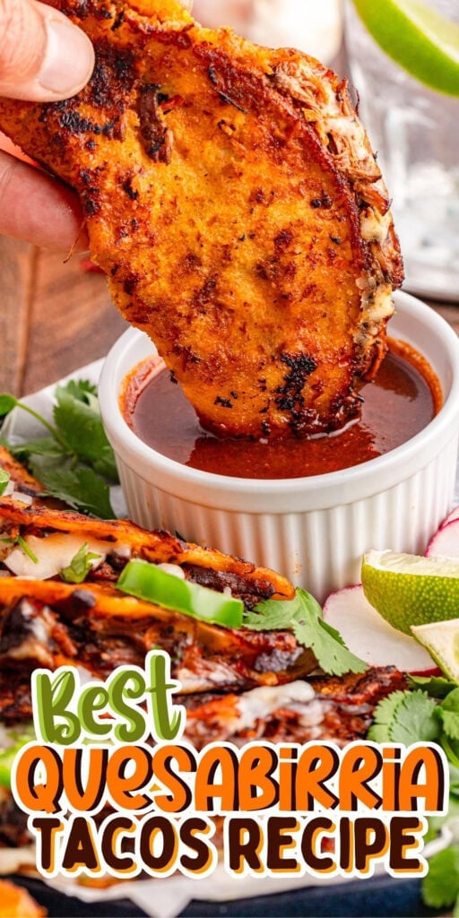 Hand dipping cheesy quesabirria taco into a cup of red sauce, garnished plate.