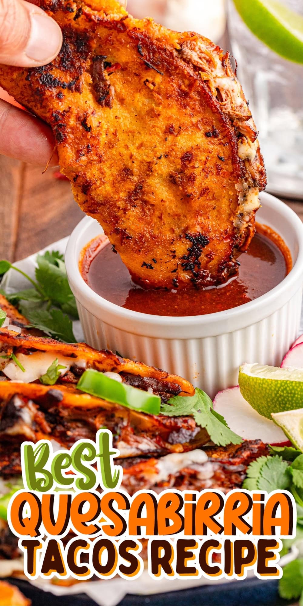 Hand dipping cheesy quesabirria taco into a cup of red sauce, garnished plate.