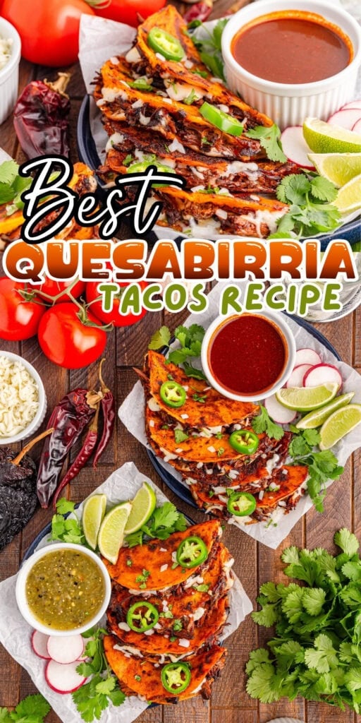 Plates of cheesy quesabirria tacos with salsa, limes, radishes, and cilantro.