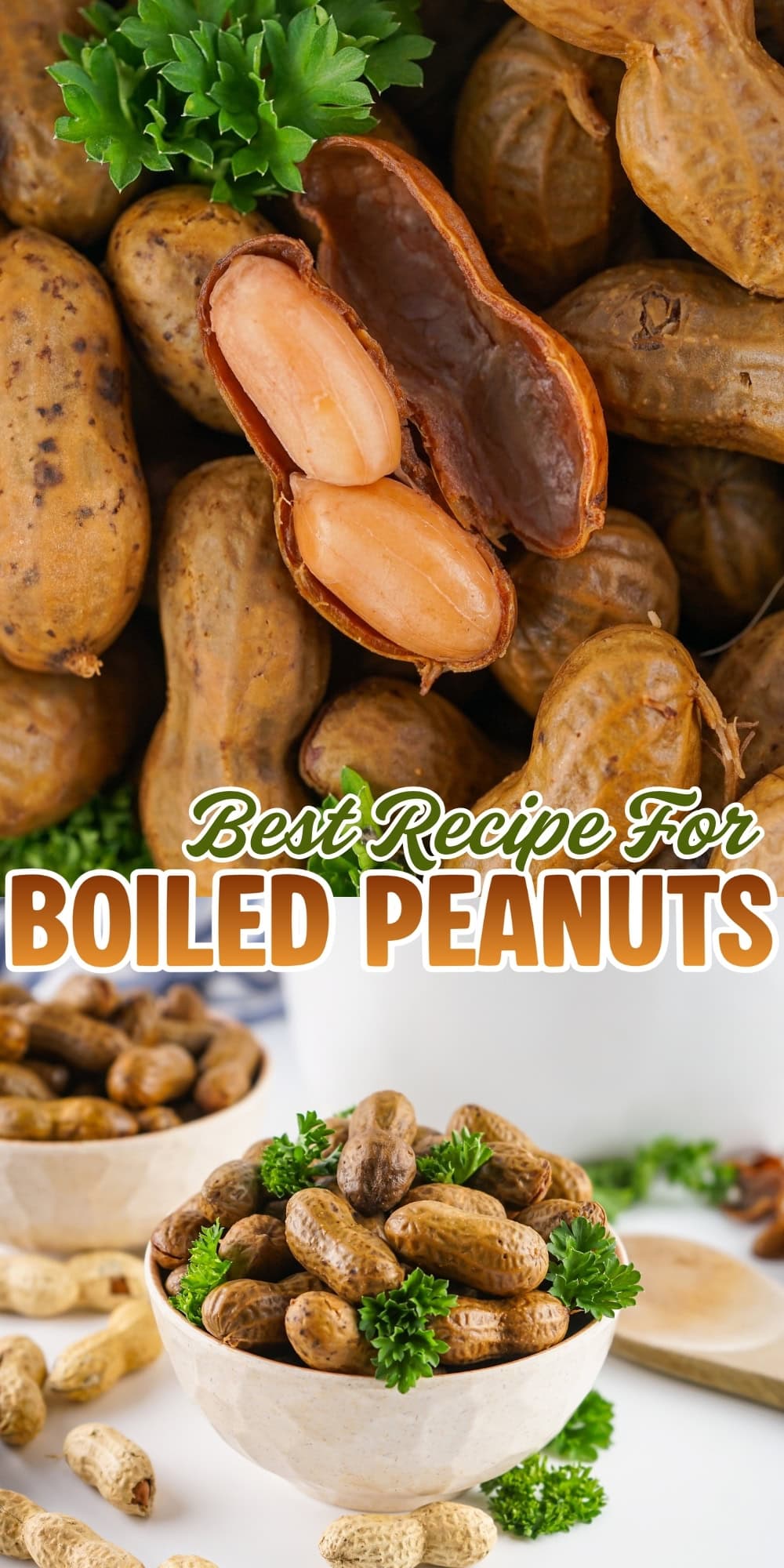 Bowls of boiled peanuts with parsley, one peanut pod split open to show seeds.