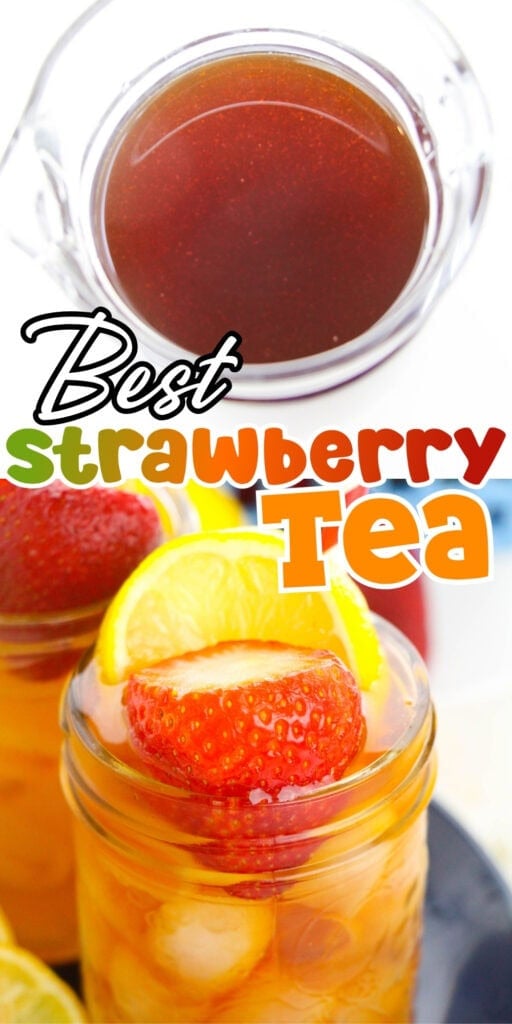 A jar of strawberry tea with lemon and strawberry slices on top.