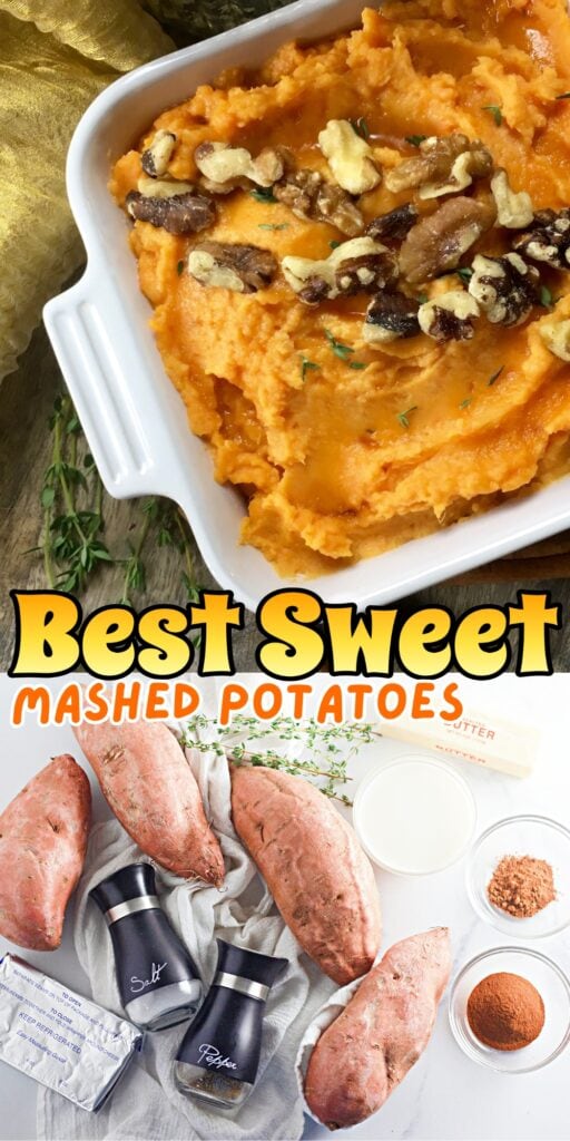 Sweet mashed potatoes: sweet potatoes, butter, cream, salt, pepper, cinnamon.