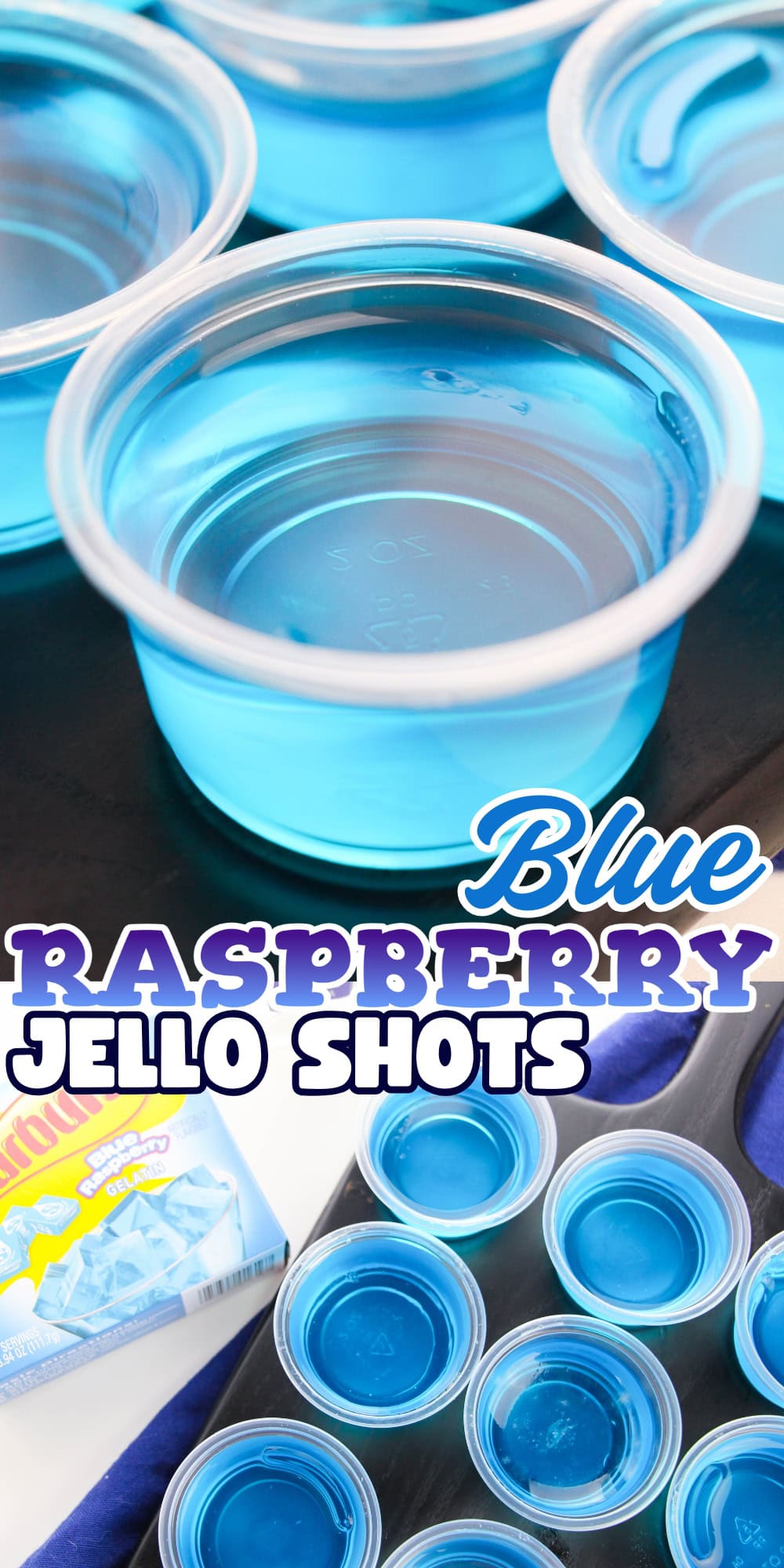 Blue raspberry Jello shots made with Jello mix, served in cups.