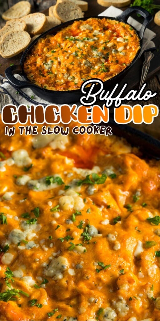 Buffalo chicken dip in a skillet with bread slices and a serving spoon.