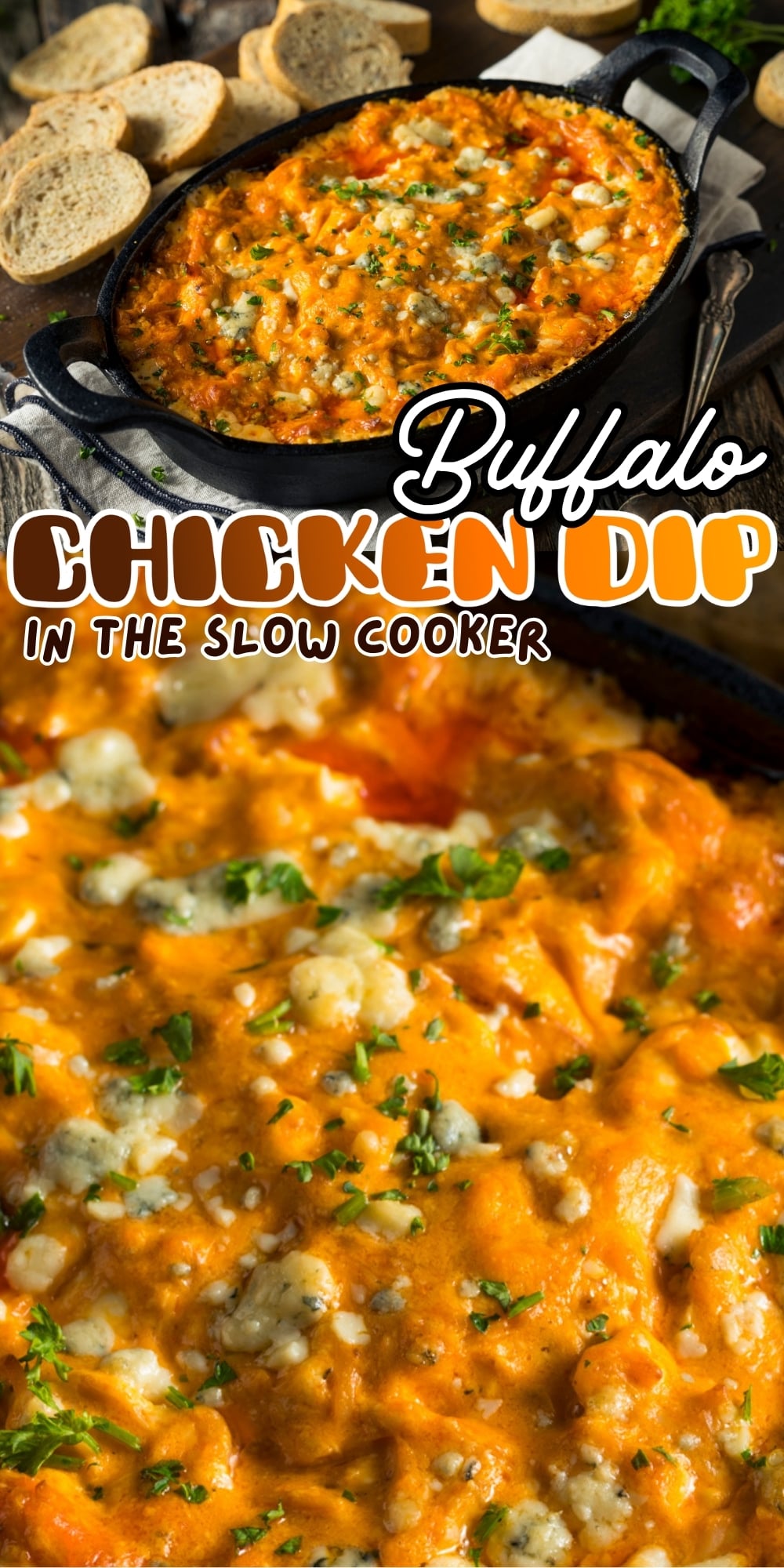 Buffalo chicken dip in a skillet with bread slices and a serving spoon.