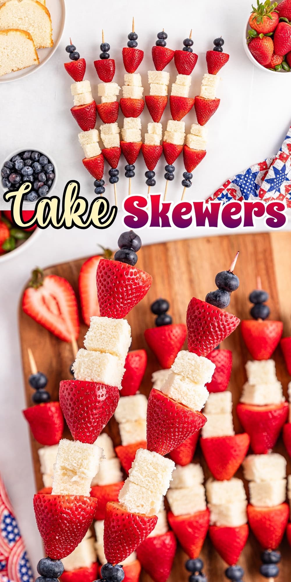 Cake skewers with strawberries, blueberries, and cake cubes on a wooden board.