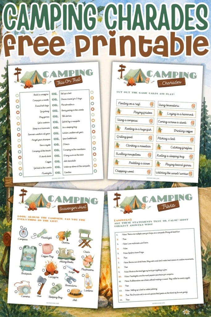 Printable camping charades game for fun camp-themed activities.