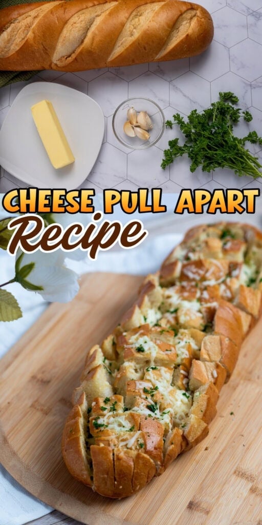 Sliced cheese pull-apart bread with butter, garlic, and parsley on the side.