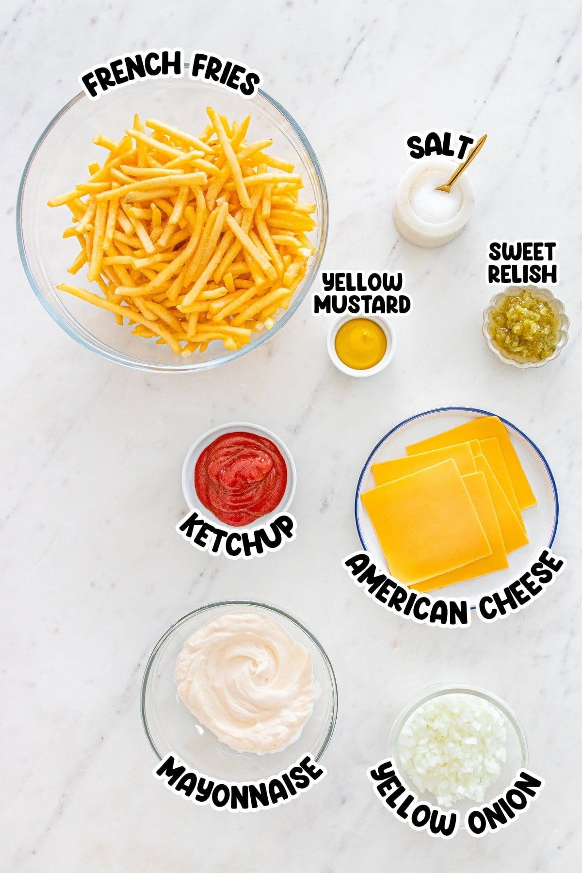 French fries, cheese, ketchup, mayo, mustard, relish, salt, and onion on table.