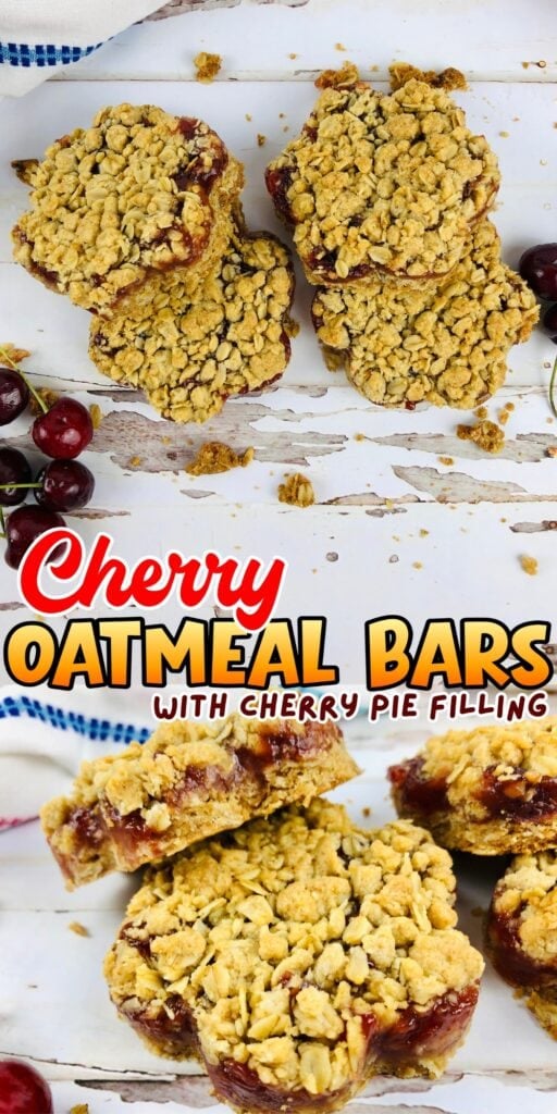 Cherry oatmeal bars with pie filling and a crumbly oatmeal crust.