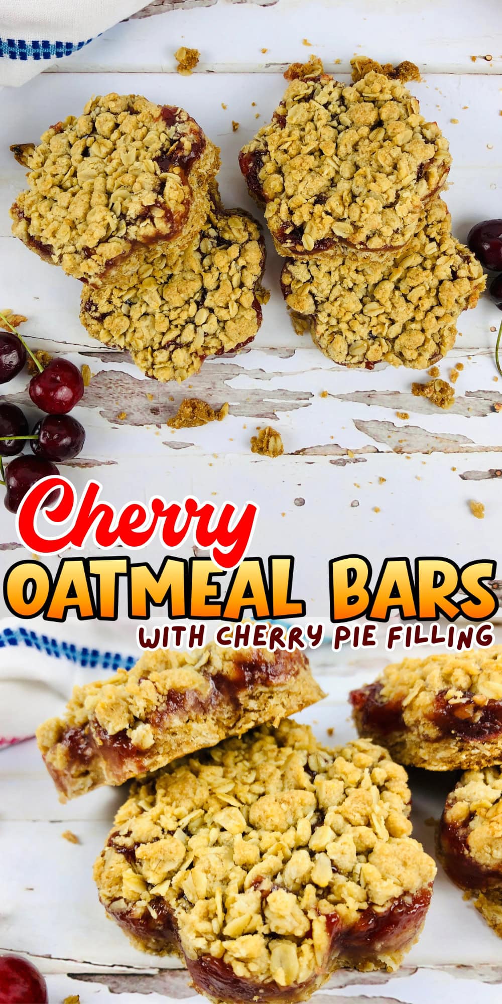 Cherry oatmeal bars with pie filling and a crumbly oatmeal crust.