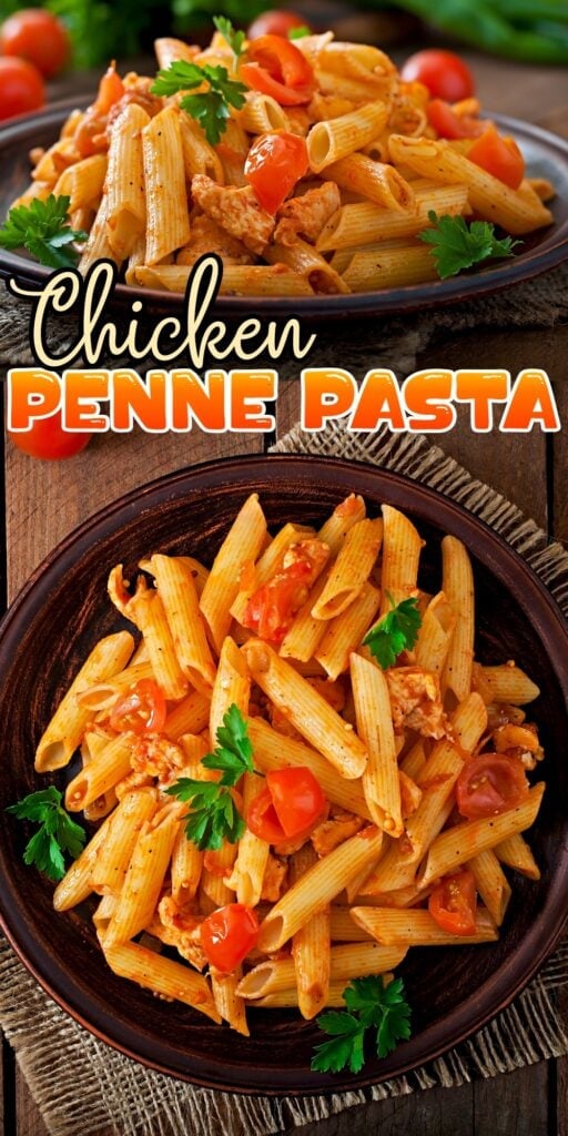 Two plates of chicken penne pasta garnished with parsley and cherry tomatoes.