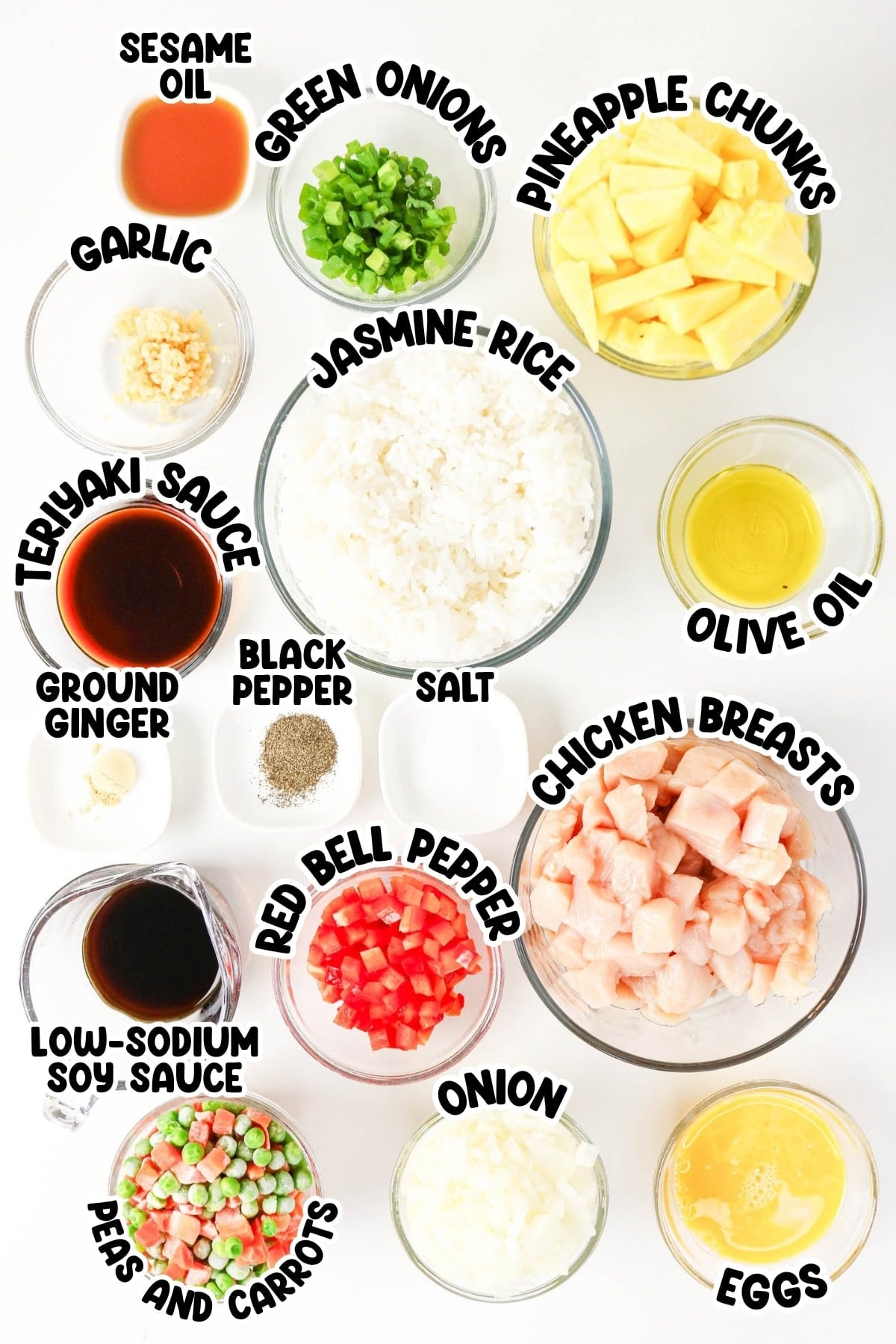 Top-down view of fried rice ingredients in bowls.
