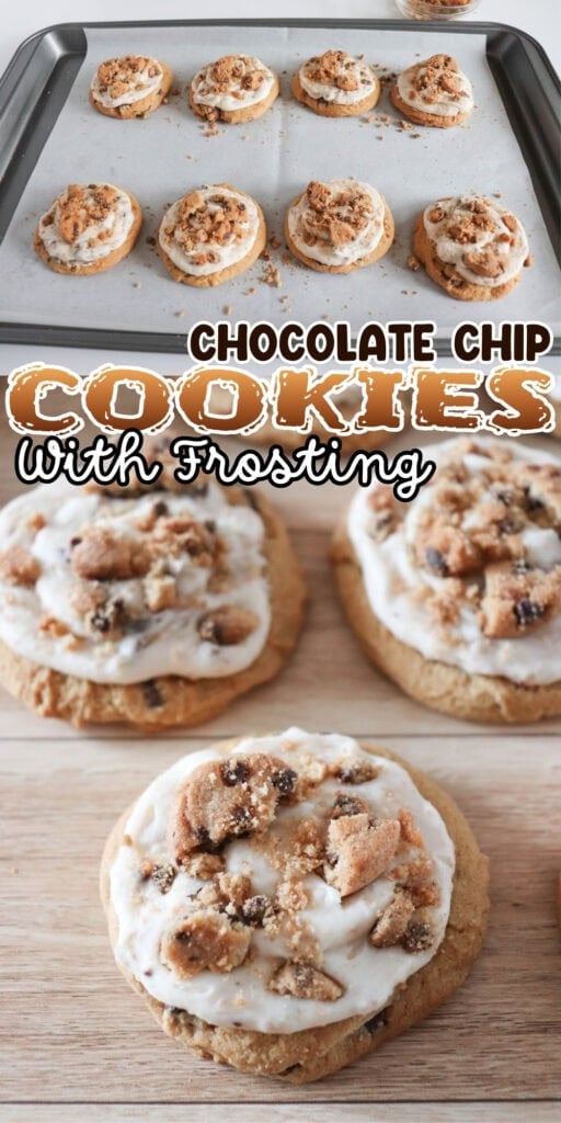 Chocolate chip cookies with frosting and crumbled toppings on a tray and board.