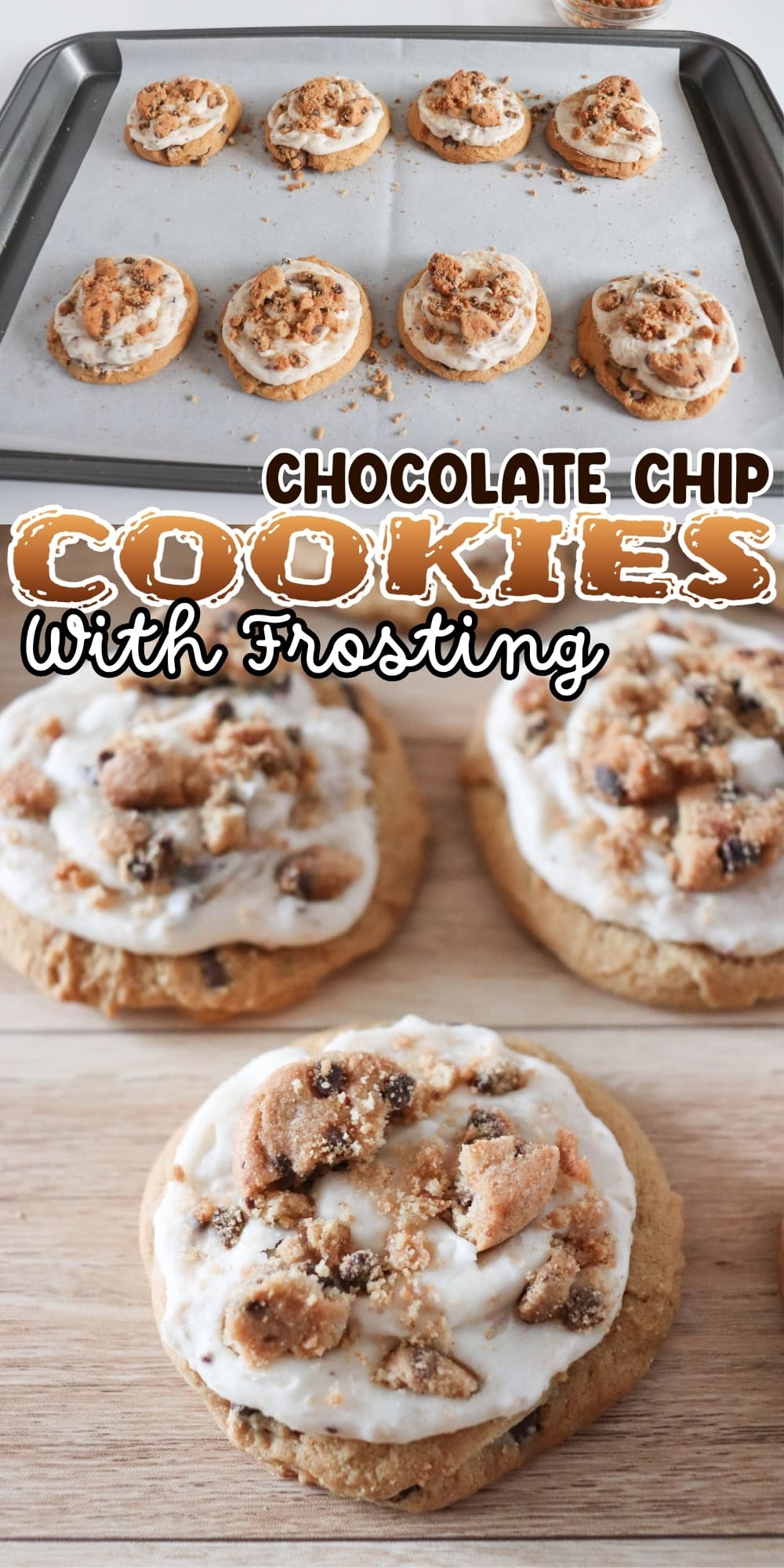 Chocolate chip cookies with frosting and crumbled toppings on a tray and board.