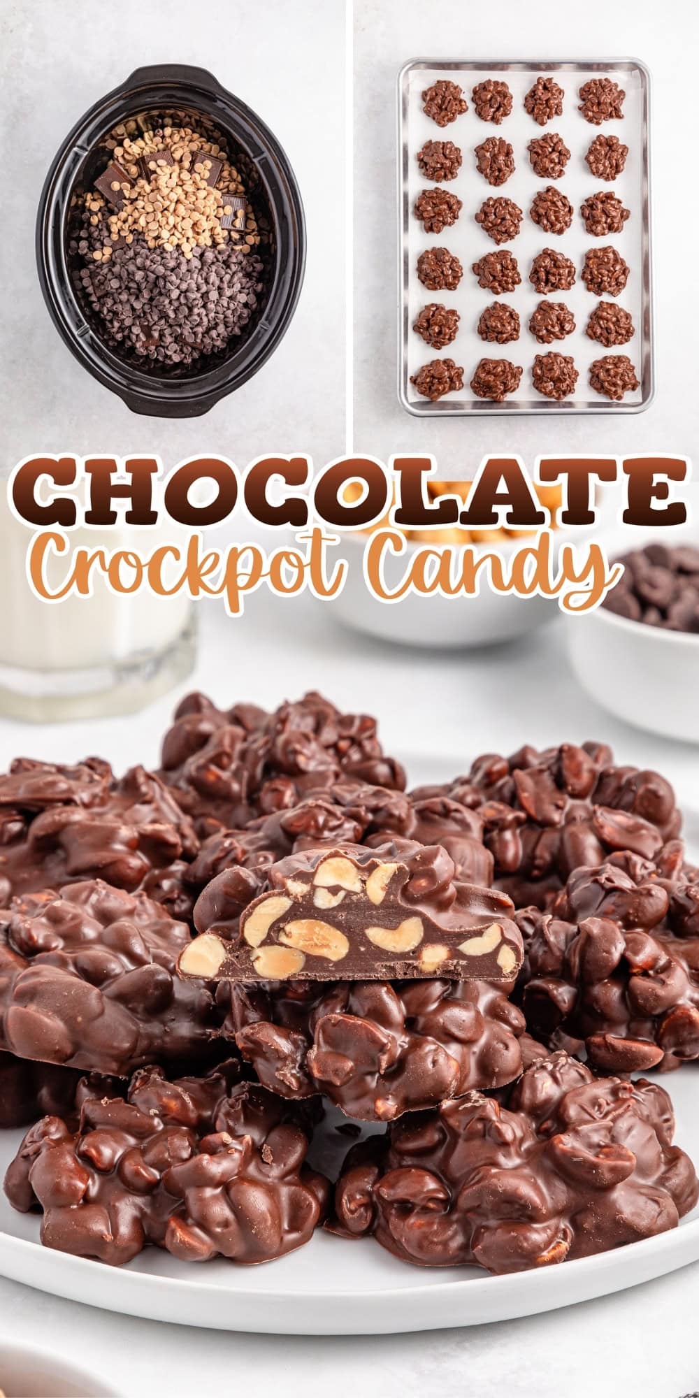 Chocolate crockpot candies with nuts, shown in a slow cooker and on a tray.