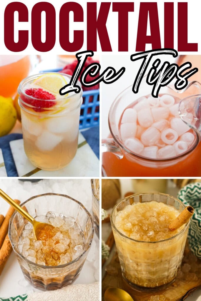 Four cocktails with different ice styles, garnished with fruit and spices.