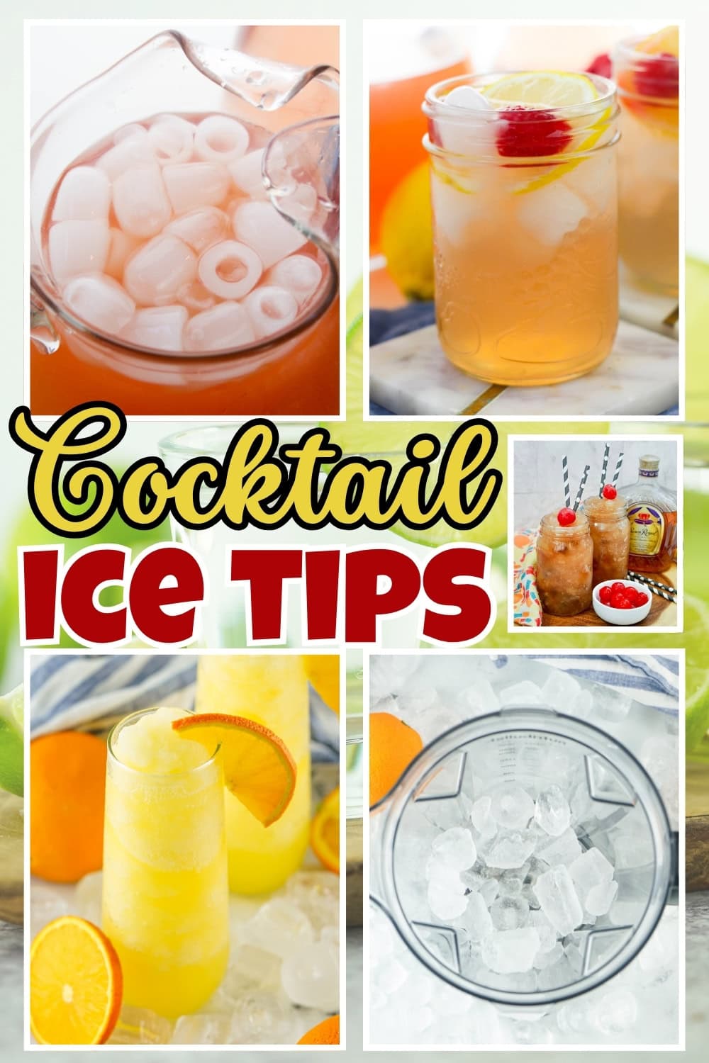 Cocktails with different ice cubes, drinks, and fruit garnishes.