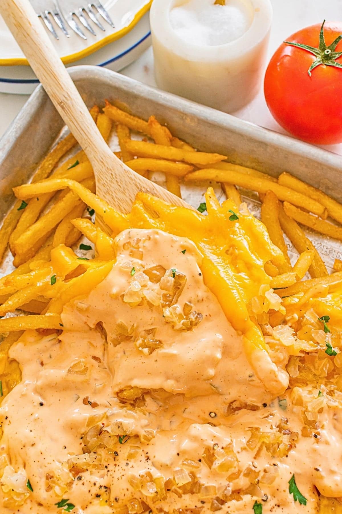 French fries topped with melted cheese, creamy sauce, and crispy onions.