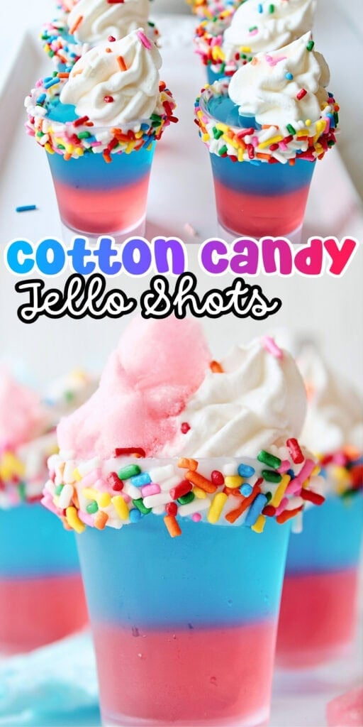 Blue and pink jello shots with whipped cream, sprinkles, and cotton candy.