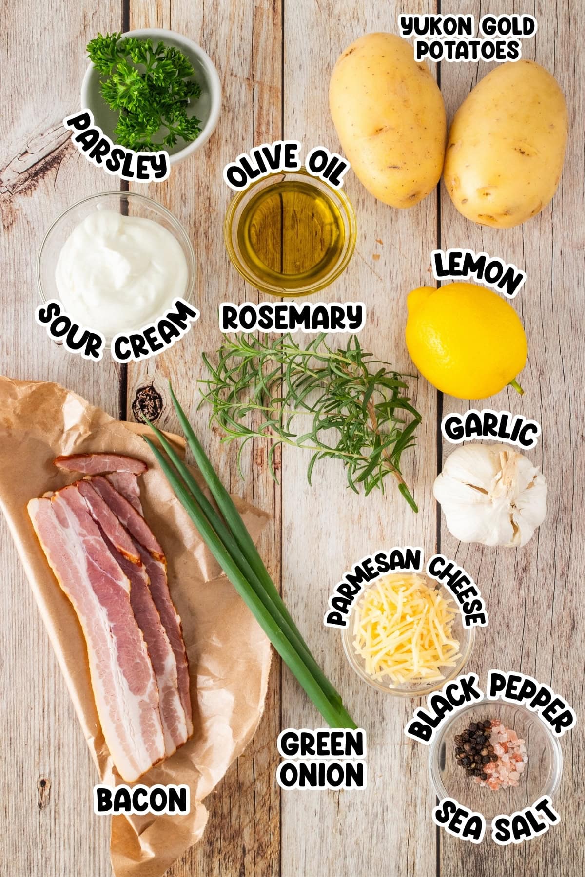 Yukon Gold potatoes, sour cream, bacon, green onion, parsley, olive oil, spices.