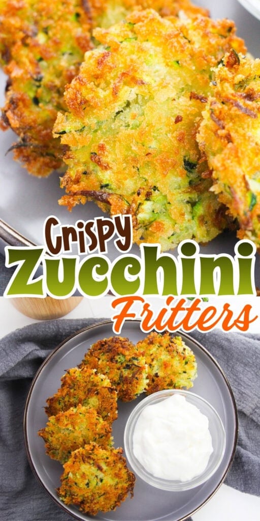 Crispy zucchini fritters served on a plate with a side of sour cream.
