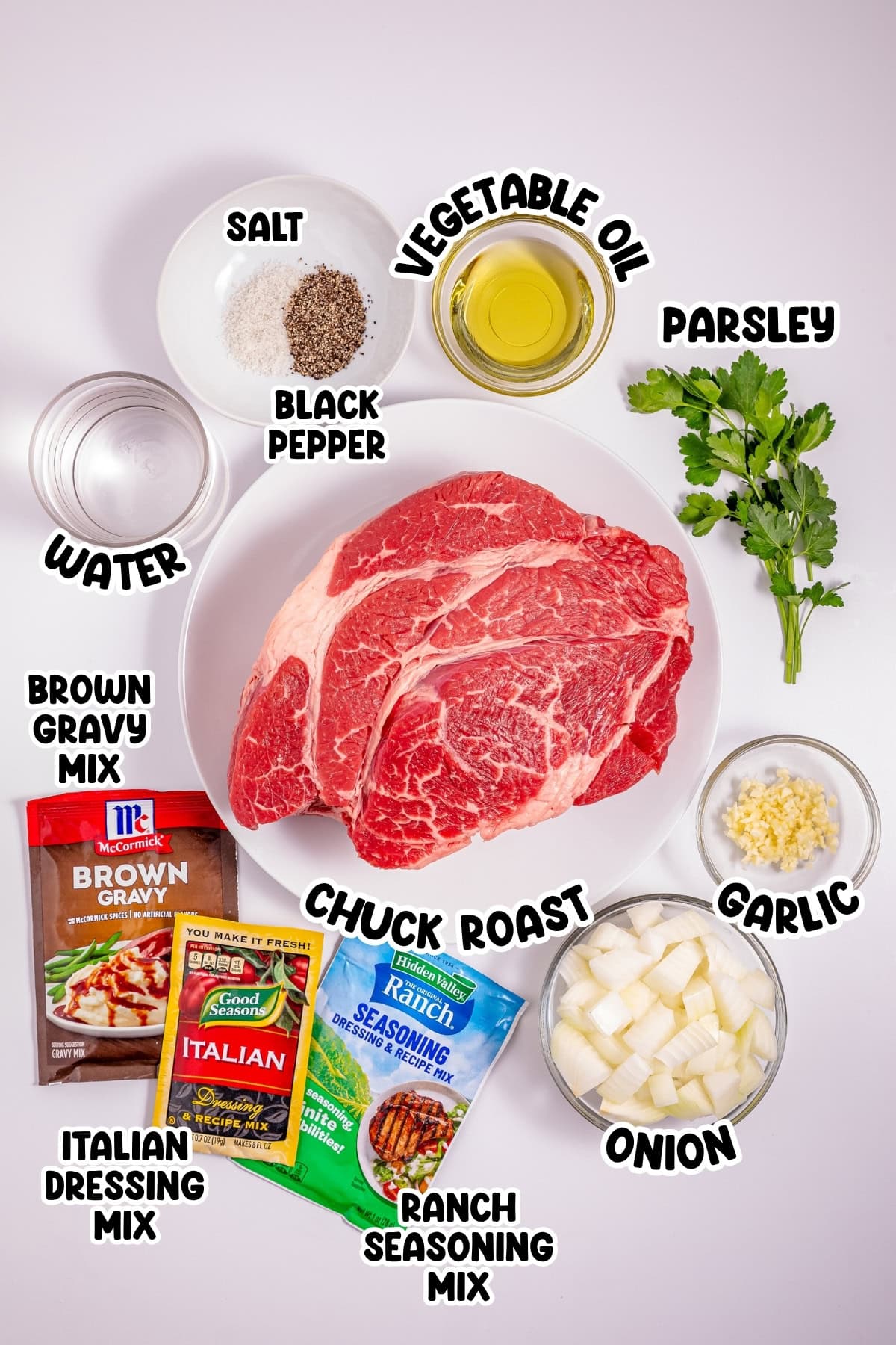 Chuck roast, seasonings, oil, water, parsley, garlic, onion, salt, pepper.