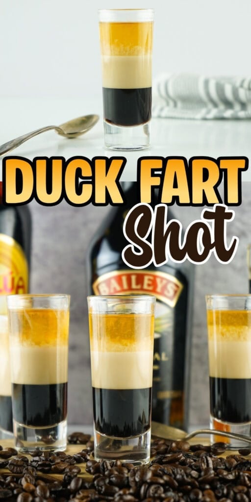 Layered Duck Fart shots on a table with coffee beans and liqueur bottles.