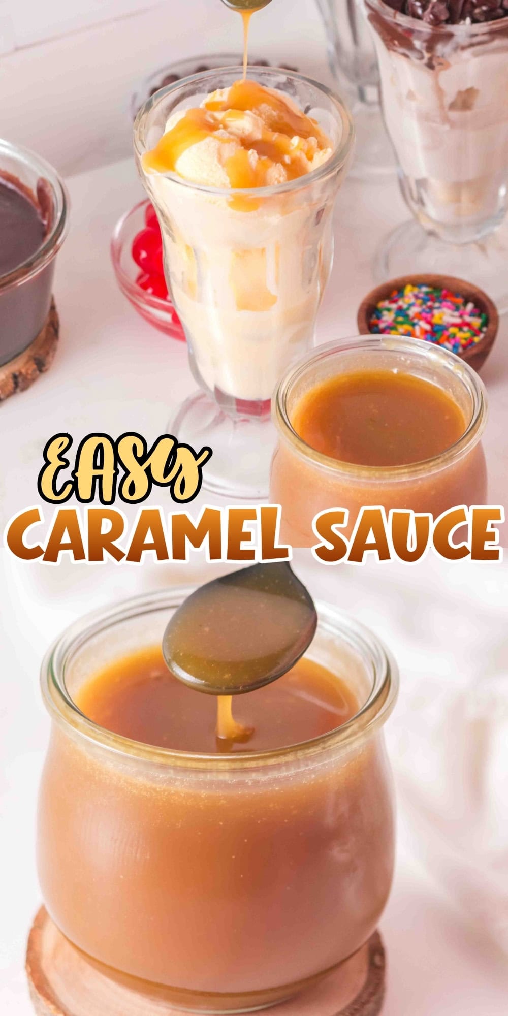 Caramel sauce being poured over ice cream, with jars of caramel sauce nearby.